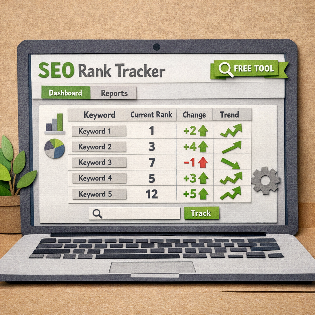 A papercraft style illustration of a laptop screen showing a simple ranking chart with green arrows, alt: seo rank tracker free tool dashboard