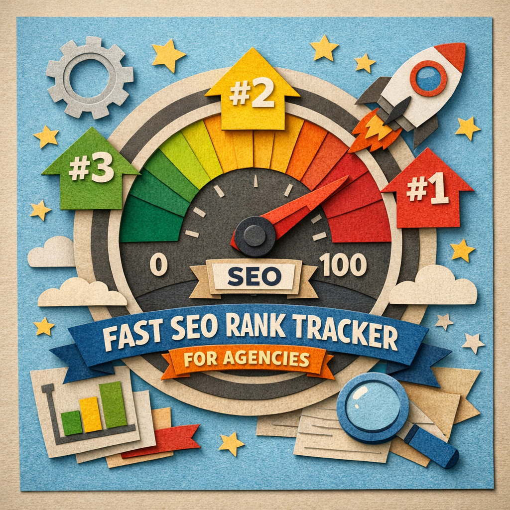 A papercraft style drawing of a speedometer with ranking arrows pointing up, alt: fast seo rank tracker for agencies