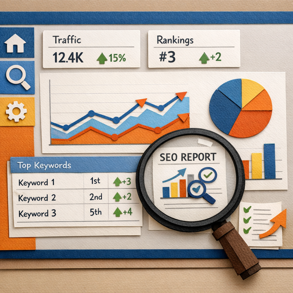 A papercraft style illustration of a dashboard with charts, tables, and a magnifying glass highlighting SEO data. Alt: seo reporting tools dashboard visualization