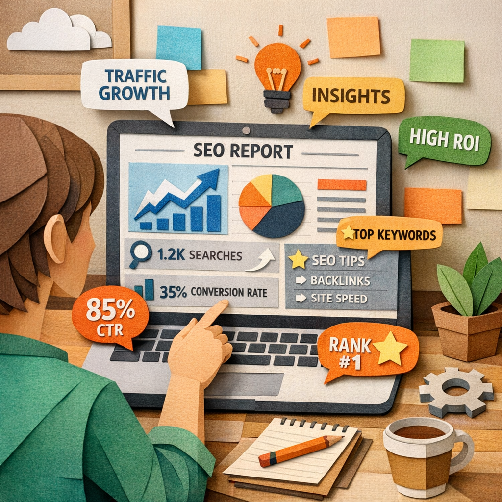 A papercraft style scene of a person looking at a laptop screen with charts, highlighting key insights. Alt: interpreting seo reporting tools insights