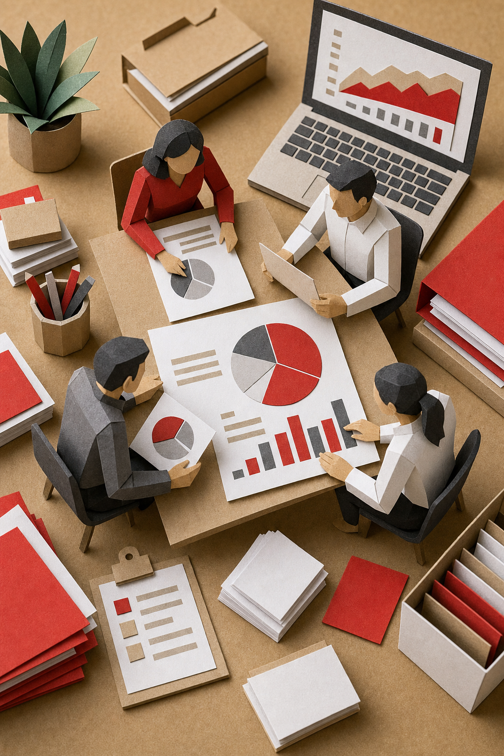 A papercraft-style overhead scene of a busy agency desk with colorful layered paper cutout documents, tiny paper figures collaborating, a paper laptop showing charts, and small branded folders in red and white tones on a textured craft paper background. Alt: best SEO reseller programs comparison for agencies in 2026.