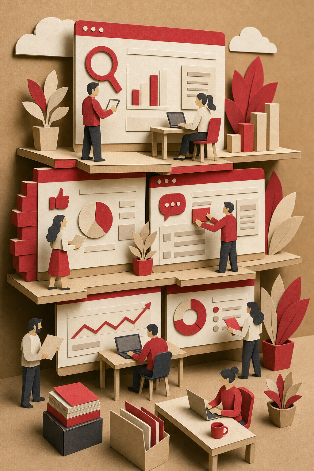 A papercraft-style illustration of a colorful multi-level agency dashboard built from layered paper cutouts, with paper figures managing different service panels like SEO, social media, and reporting, all in warm red and cream tones on a craft paper background. Alt: Vendasta white-label platform for multi-service SEO resellers.