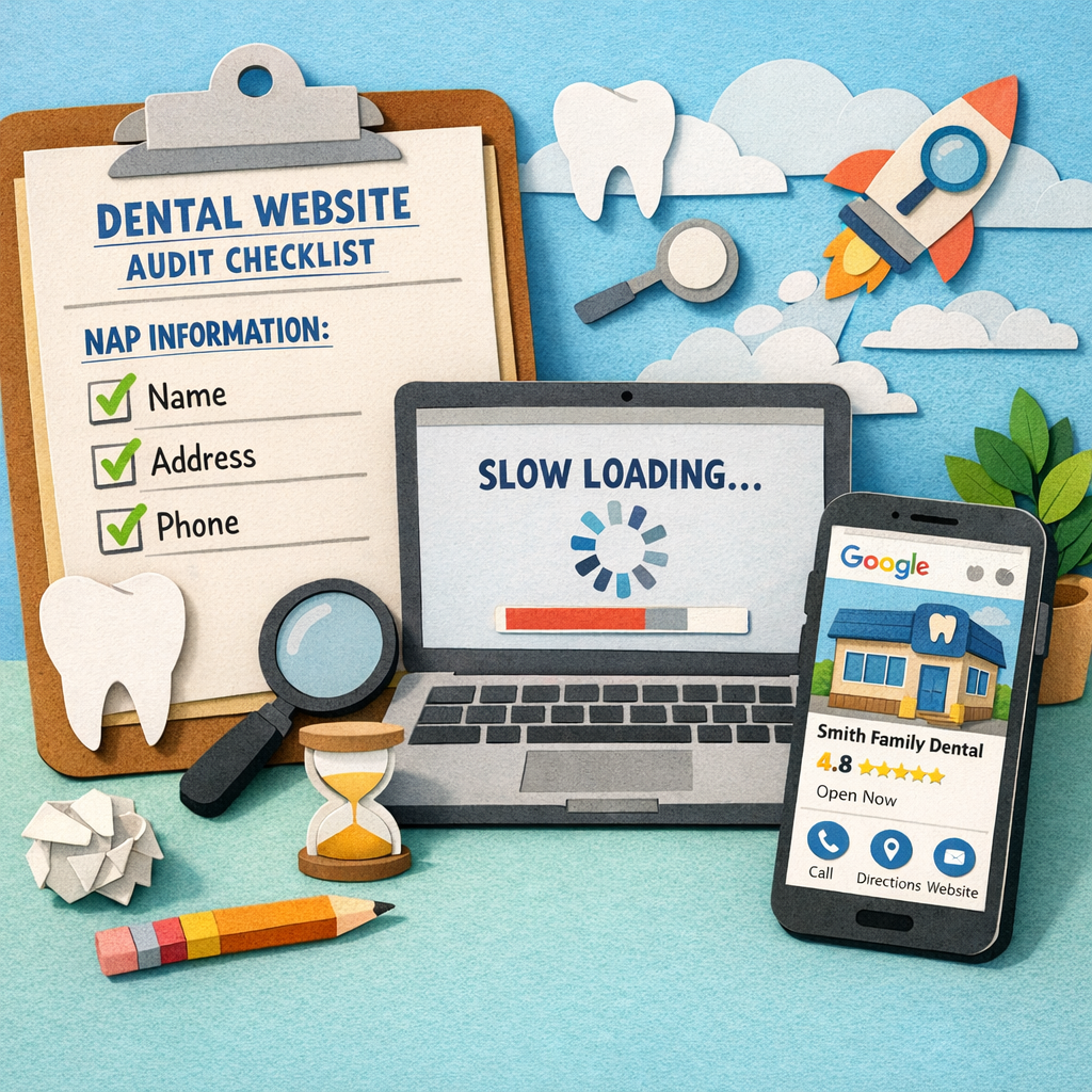 A Papercraft illustration of a dentist’s office website audit checklist, showing a clipboard with NAP items, a laptop displaying a slow‑loading page, and a smartphone with a Google Business profile, all rendered in a playful paper‑cut style. Alt: Dental SEO audit checklist visual.