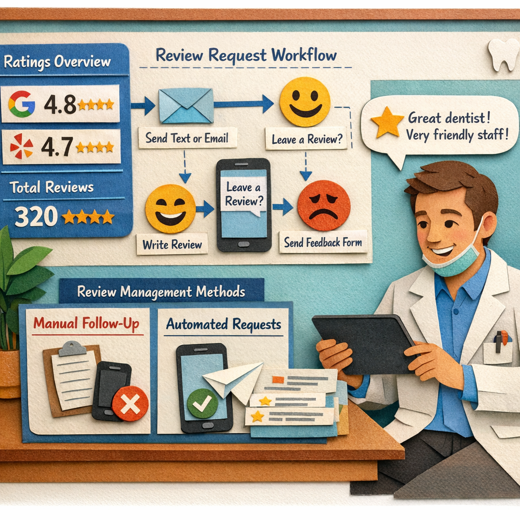 A Papercraft illustration of a dental practice dashboard displaying star ratings, an automated review request workflow, and a smiling dentist reviewing patient feedback on a tablet, Alt: 