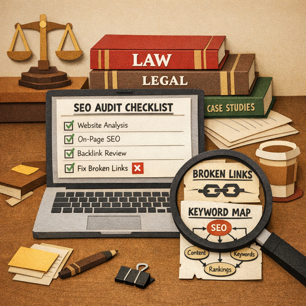 A Papercraft illustration of a law office desk with a laptop displaying a SEO audit checklist, legal books stacked beside it, and a magnifying glass highlighting broken links and keyword maps. Alt: Legal SEO audit checklist papercraft image.