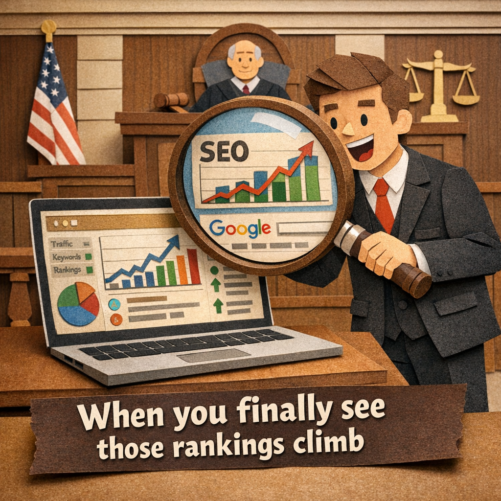 A Papercraft meme‑style illustration of a lawyer in a courtroom holding a giant magnifying glass over a laptop displaying SEO dashboards, charts, and Google search results, captioned “When you finally see those rankings climb”. Alt: Measuring and scaling SEO for law firms visualised in papercraft meme style.