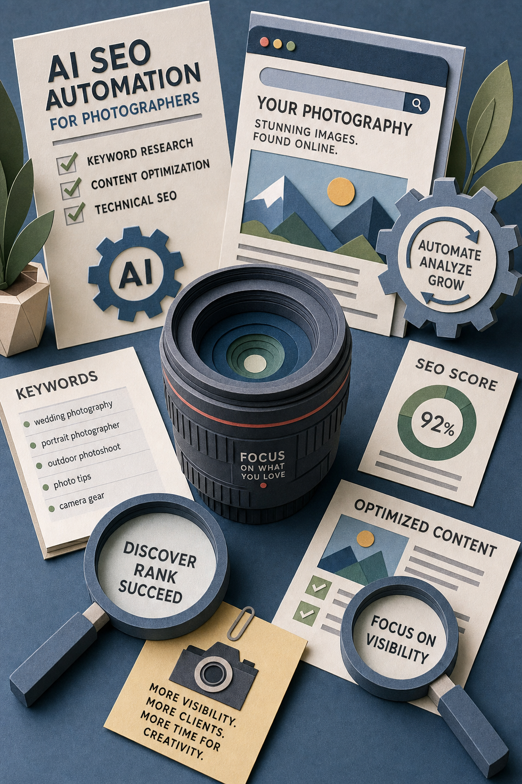 A papercraft scene of a camera lens surrounded by document pages and magnifying glasses, symbolizing SEO automation for photographers. Alt: AI SEO automation for photographers papercraft illustration.