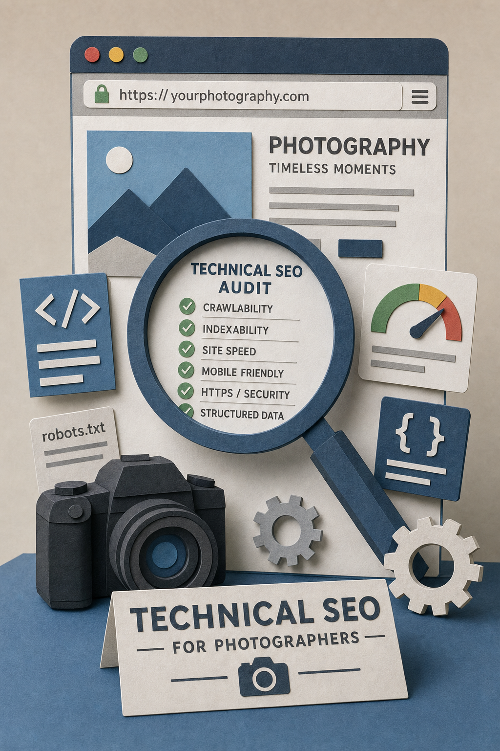 A papercraft illustration of a magnifying glass inspecting a website page with gears and code symbols, representing technical SEO audit for photographers. Alt: Technical SEO audit for photographers papercraft graphic.