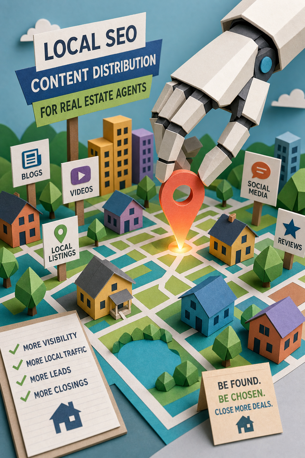 A papercraft scene of a robot hand placing a glowing map pin on a colorful paper city with houses and trees. Alt: Local SEO content distribution for real estate agents.