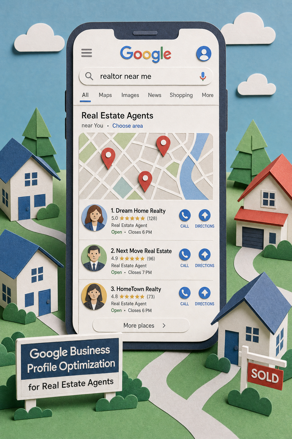 A papercraft illustration of a smartphone screen showing a Google Business Profile map pack with three realtor listings, surrounded by tiny paper houses. Alt: Google Business Profile optimization for real estate agents.