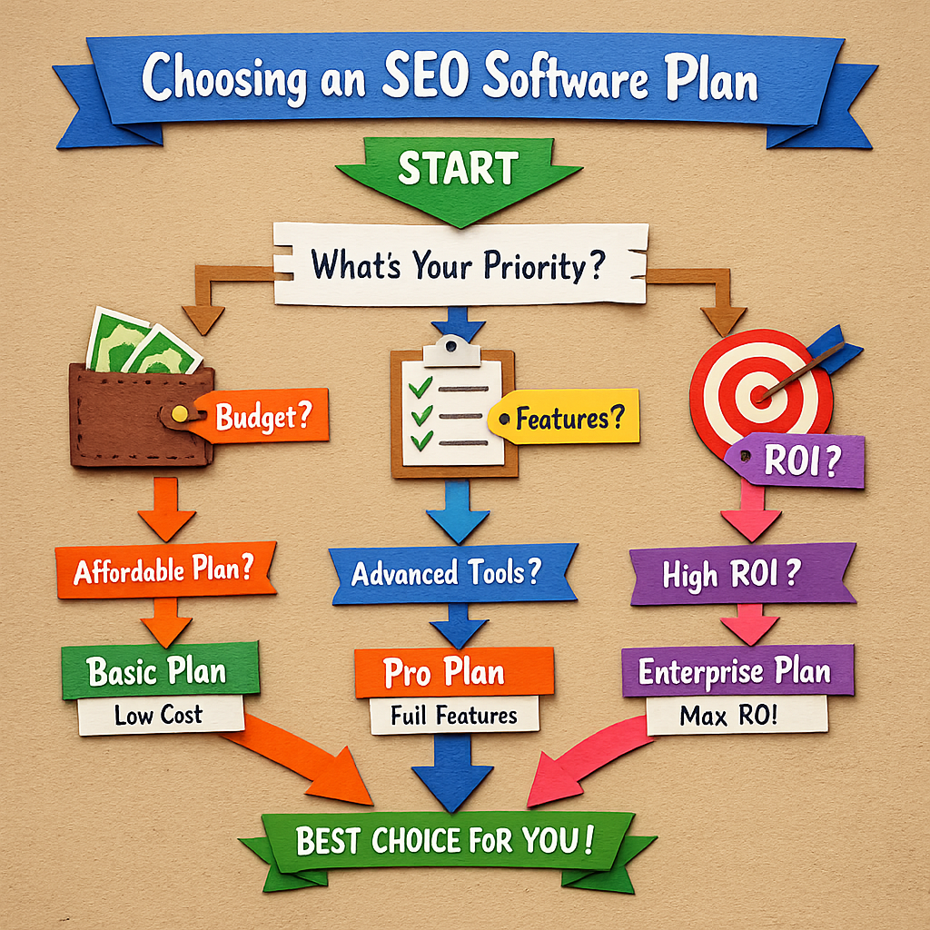A papercraft style diagram showing a decision flowchart for picking seo software plans, with icons for budget, features, and ROI. Alt: decision flowchart for seo software pricing comparison