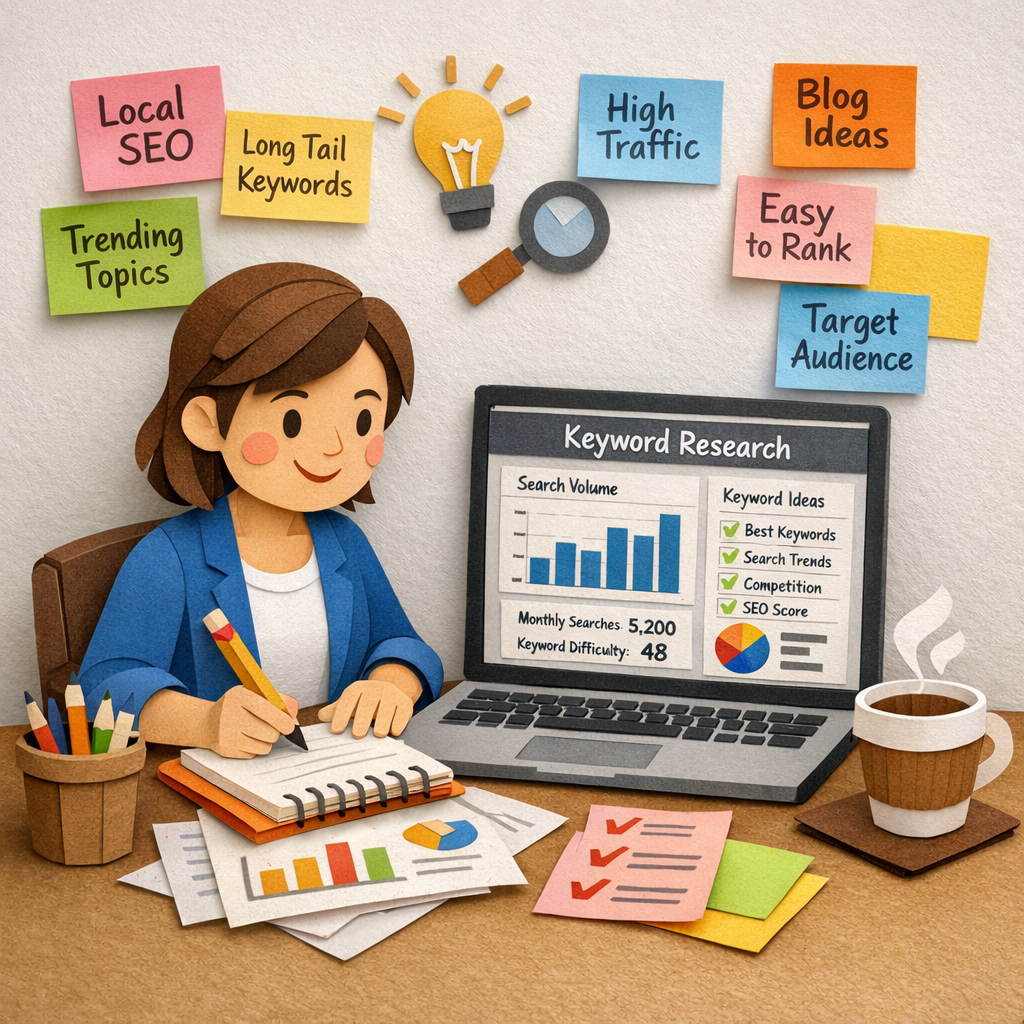 A papercraft illustration of a small‑business owner sitting at a desk, surrounded by colorful sticky notes with keyword ideas, a laptop screen showing a keyword research dashboard, and a cup of coffee. Alt: Keyword research tools for small business in papercraft style.