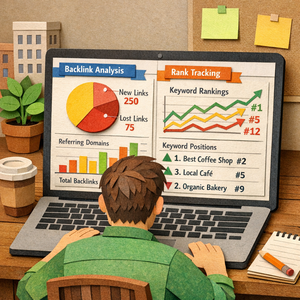 A Papercraft illustration of a small‑business owner looking at a laptop screen filled with backlink graphs and keyword rank charts, showing both data points side by side. Alt: papercraft seo tools showing backlink analysis and rank tracking for small business.