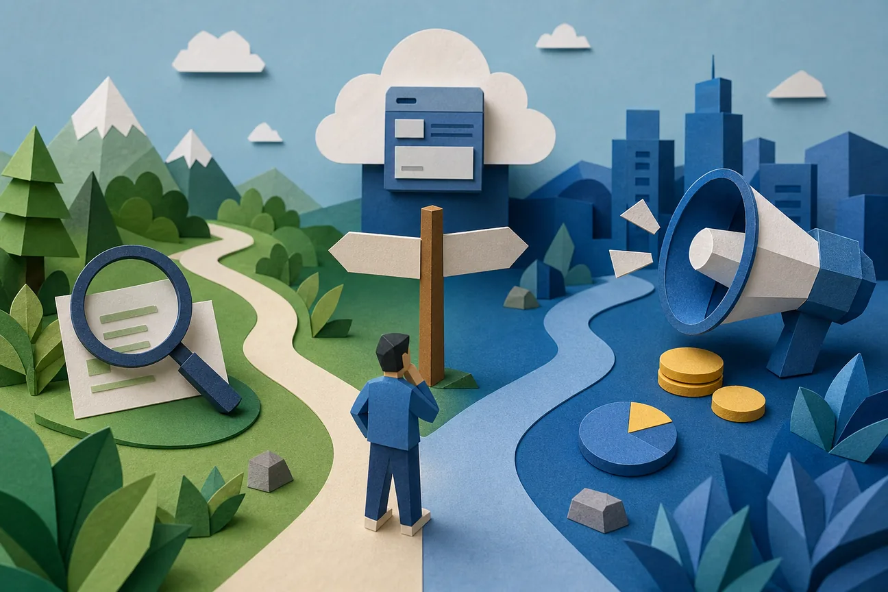 Papercraft illustration of Best SEO vs Paid Ads Tools for SaaS
