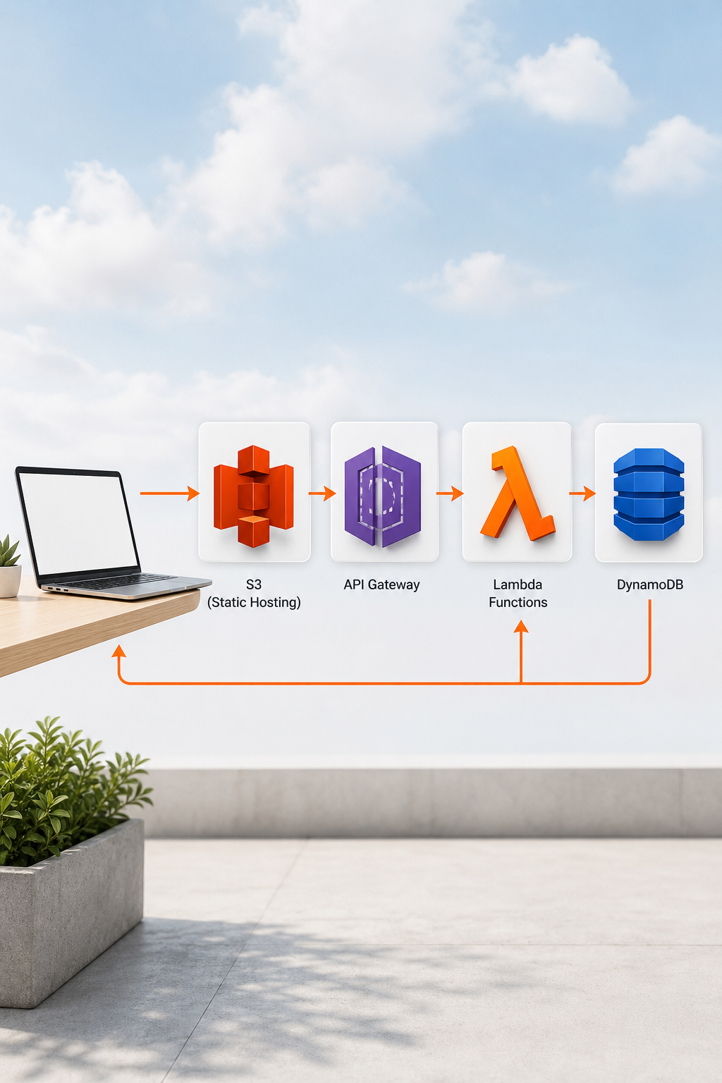 A clean diagram showing the key AWS services for a serverless web app: S3 for static hosting, API Gateway, Lambda functions, and DynamoDB. The image should depict a simple flow with icons for each service and arrows indicating data movement. Alt: Core AWS serverless services diagram.