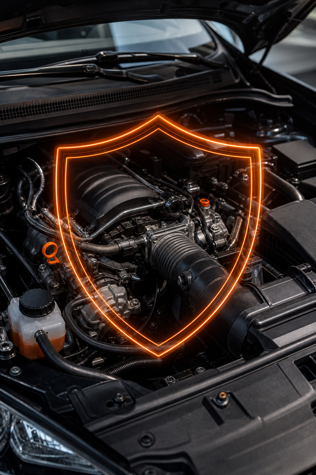 A photorealistic close-up of a car engine bay with a subtle shield icon overlay to symbolize powertrain protection. Alt: CarShield powertrain protection concept.