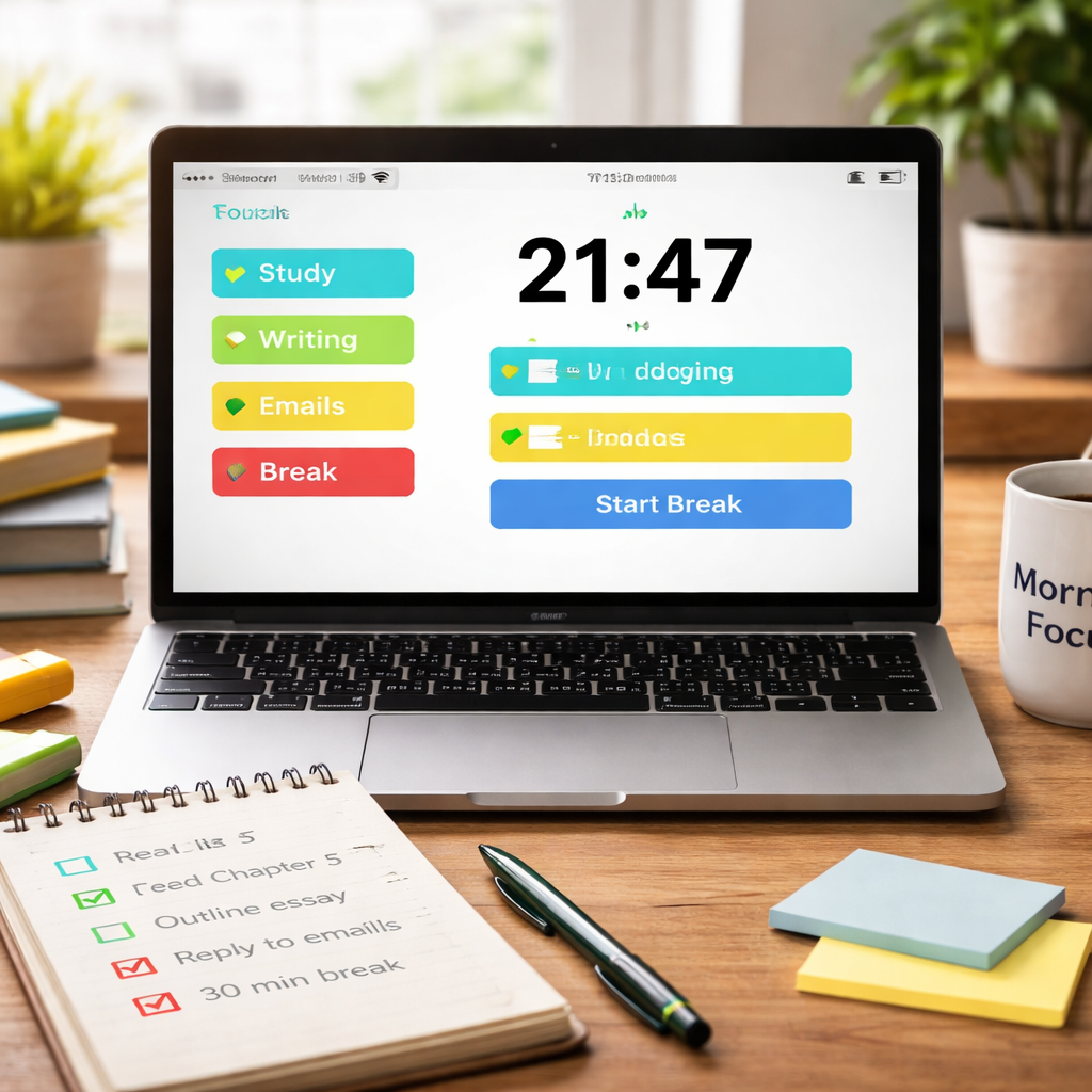 A photorealistic scene of a laptop screen showing a Pomodoro timer with colour‑coded session tags, a handwritten checklist beside it, and a coffee mug labeled “Morning Focus”. Alt: session tagging strategies visual guide for students, remote workers, freelancers, and busy professionals.