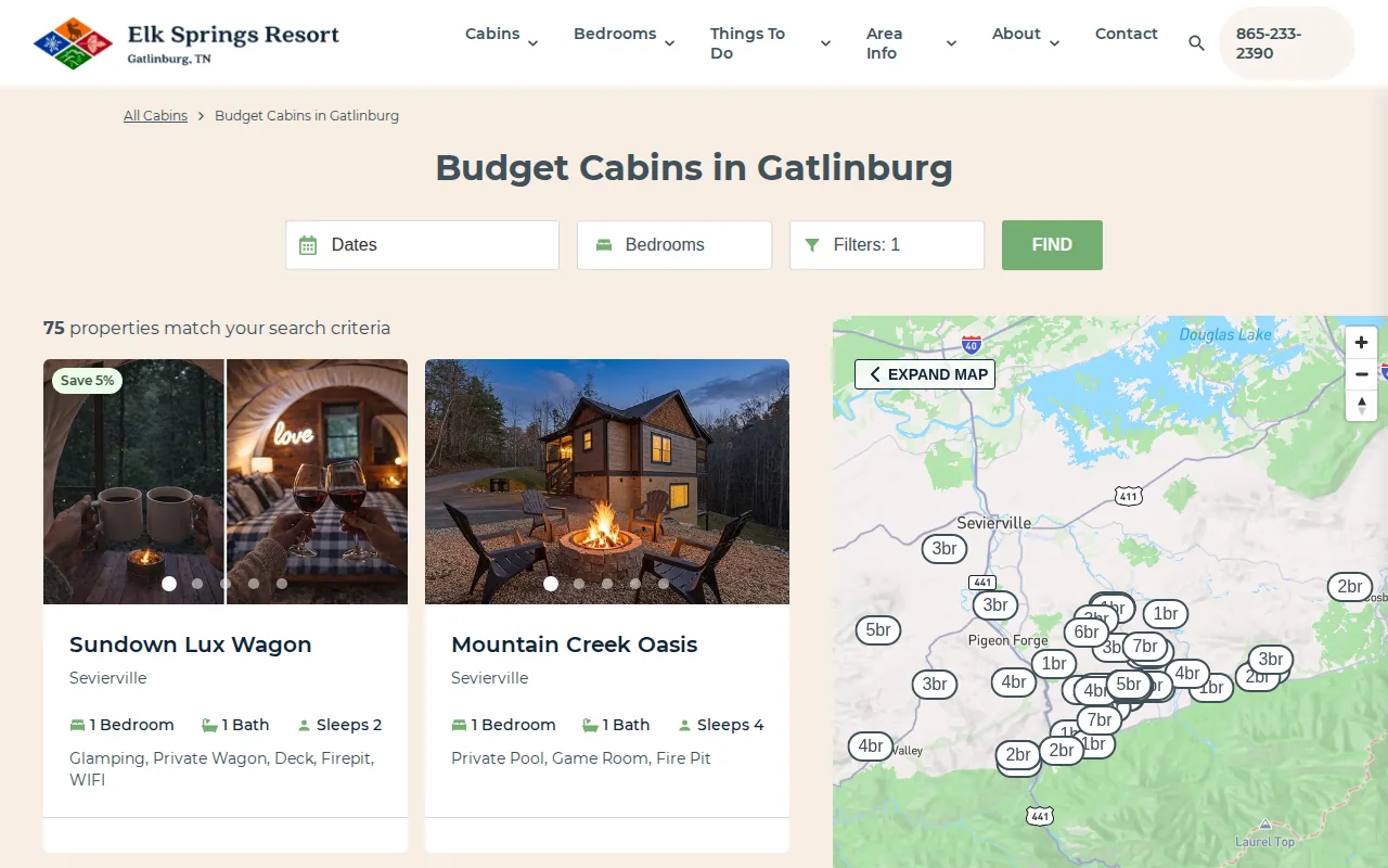Screenshot of the Elk Springs Resort website