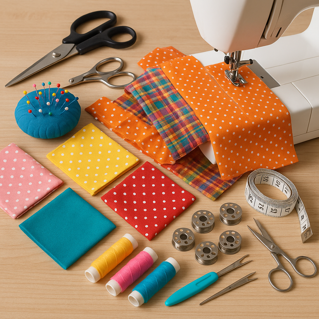 A beginner sewing workspace with colorful fabric scraps, sewing tools neatly arranged, and a sewing machine in use. Alt: sewing for beginners tutorial workspace with tools and fabrics.