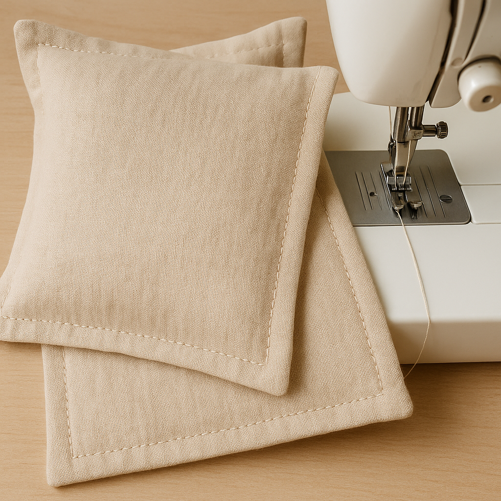 Close-up of beginner sewing project, showing neat seams on a pillow cover sewn using a sewing machine. Alt: Beginner sewing for beginners tutorial project with neat stitched pillow cover.