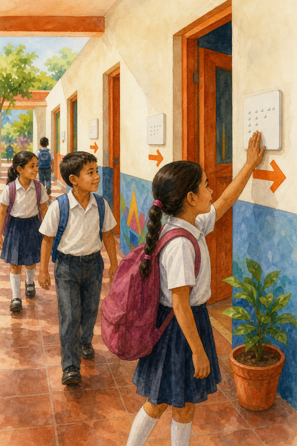 A watercolor illustration of a bright primary school hallway in Mexico with tactile braille signs beside classroom doors and bright orange directional arrows on the wall, children walking past. Alt: señalética accesible braille en pasillo de escuela primaria en México.