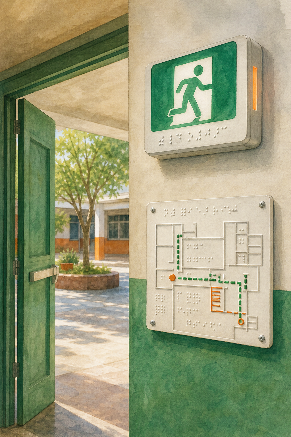 A watercolor scene of a Mexican school emergency exit door with an illuminated braille exit sign and a tactile evacuation route map on the wall. Alt: señalética de salida de emergencia accesible y braille en escuela primaria México.