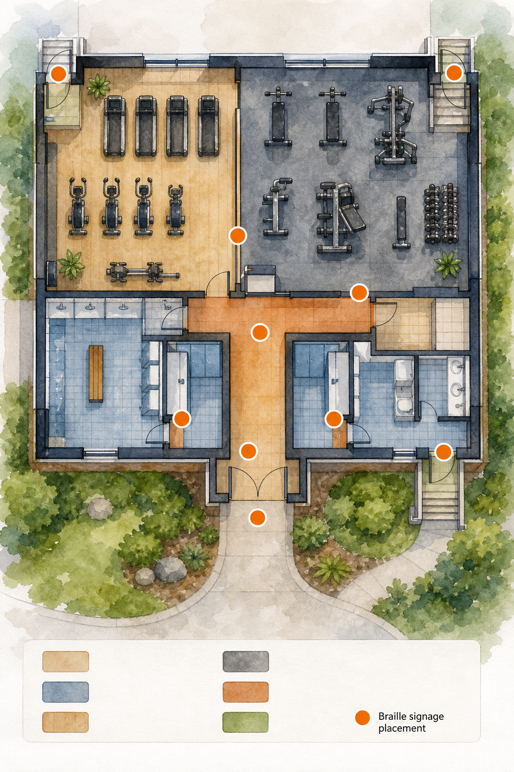 A watercolor illustration of a modern gym floor plan with highlighted zones: entrance, locker rooms, cardio area, emergency exits, and corridors, using orange accent color to indicate braille signage placement points. Alt: plano de gimnasio con zonas prioritarias para señalética braille marcadas en color naranja.
