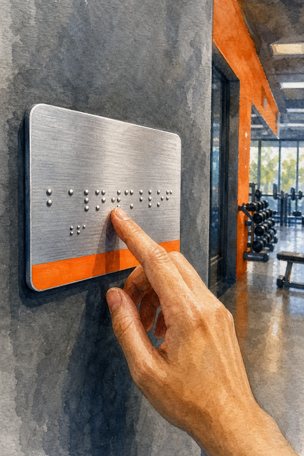 A watercolor scene of a gym corridor wall with a mounted braille tactile sign in aluminum, showing high contrast colors in orange and dark gray, with a hand touching the raised text. Alt: señal braille en aluminio instalada en pasillo de gimnasio con alto contraste y texto en relieve.