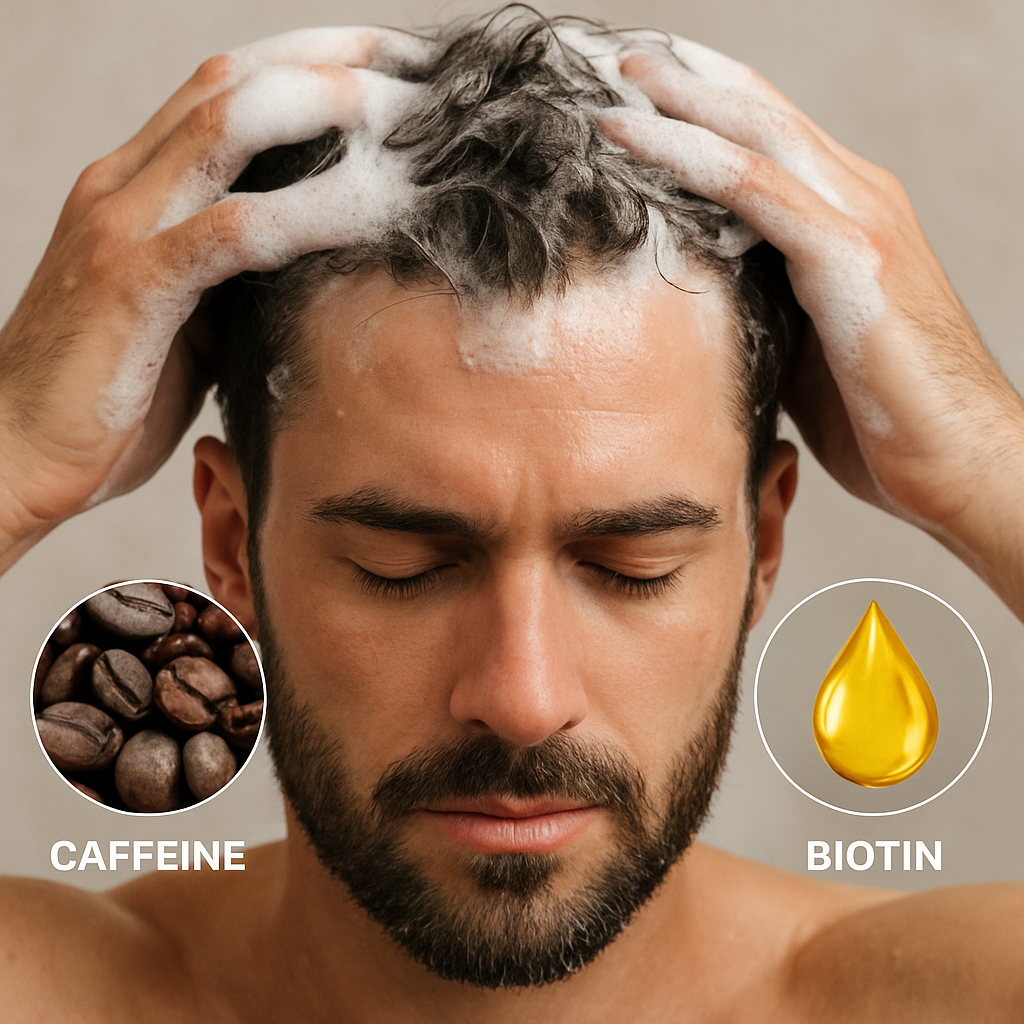A close‑up of a man washing his scalp with a foamy shampoo, highlighting natural ingredients like caffeine and biotin. Alt: shampoo for hair growth men ingredients visual.