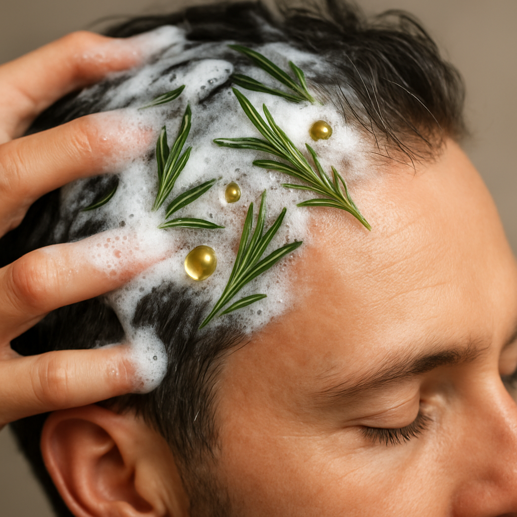 A close‑up of a man’s scalp being massaged with a natural, foamy shampoo, highlighting rosemary leaves and biotin droplets. Alt: Natural alternatives to shampoo for hair growth men