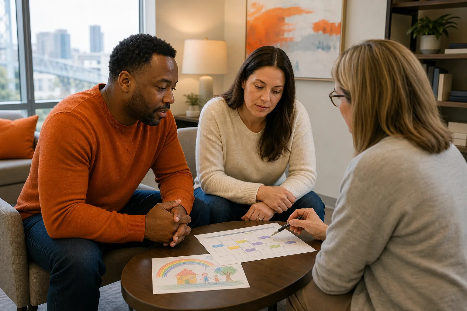 Co-parents discuss a child’s needs with a therapist in Cincinnati.
