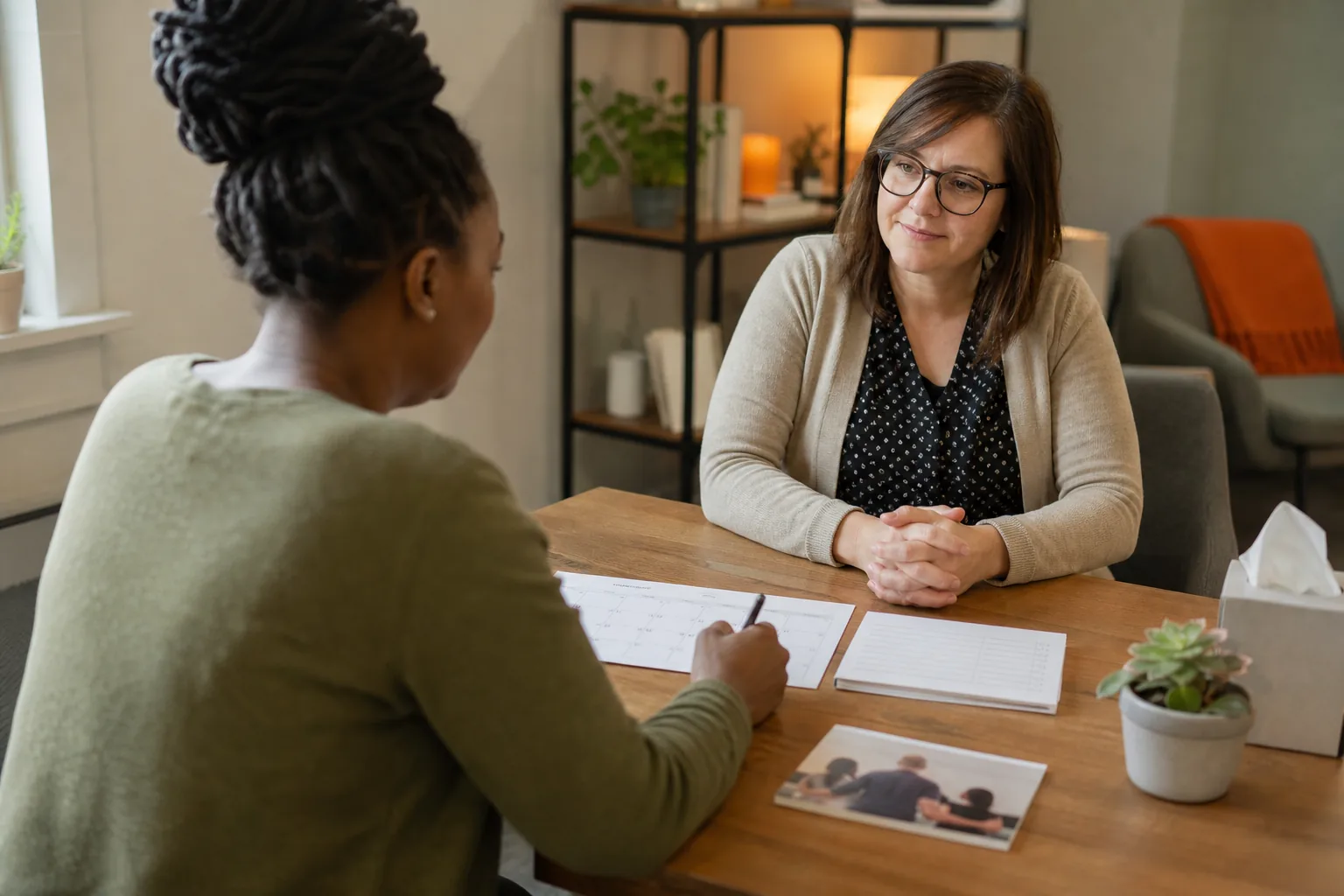 Co-parent prepares a schedule and session notes for counseling.