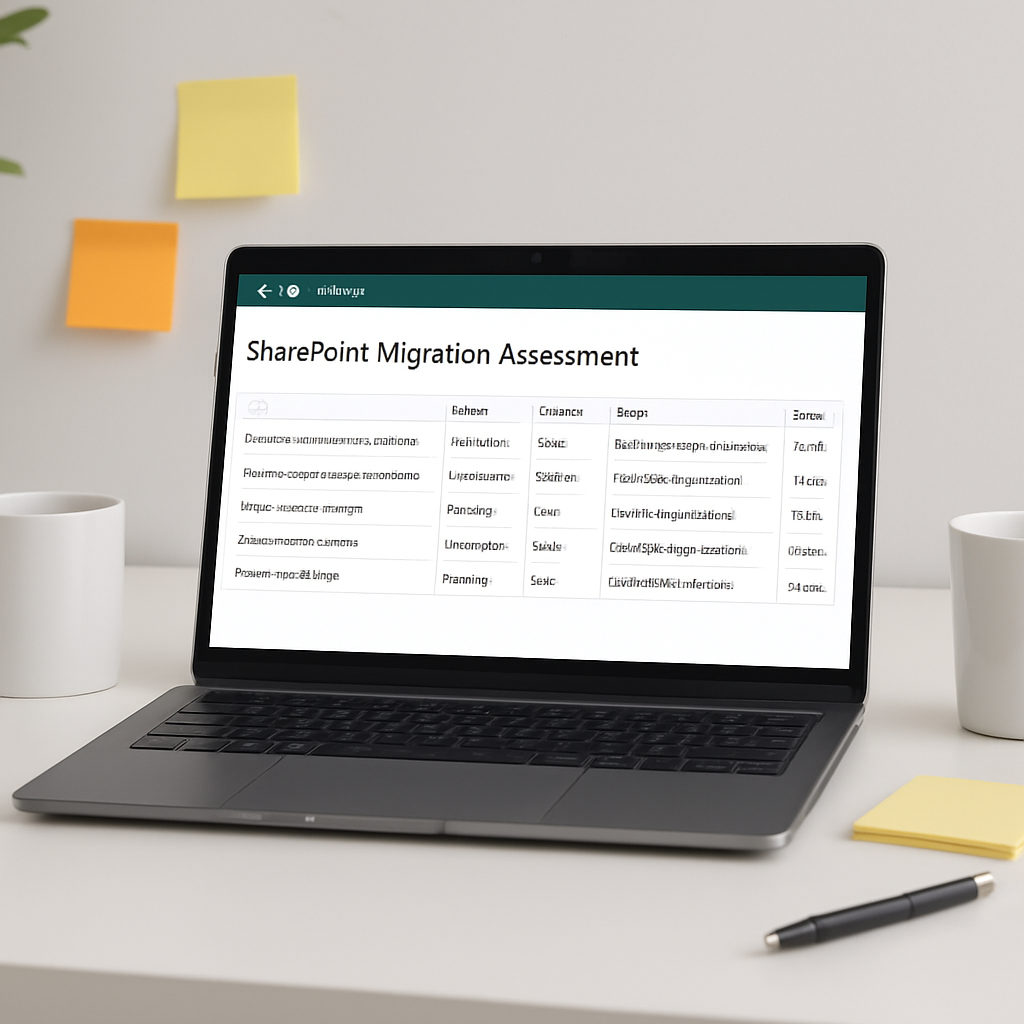 Laptop displaying a SharePoint Migration Assessment table, with focus on data organization and planning for effective migration in a modern office setting, alongside coffee cup and sticky notes.