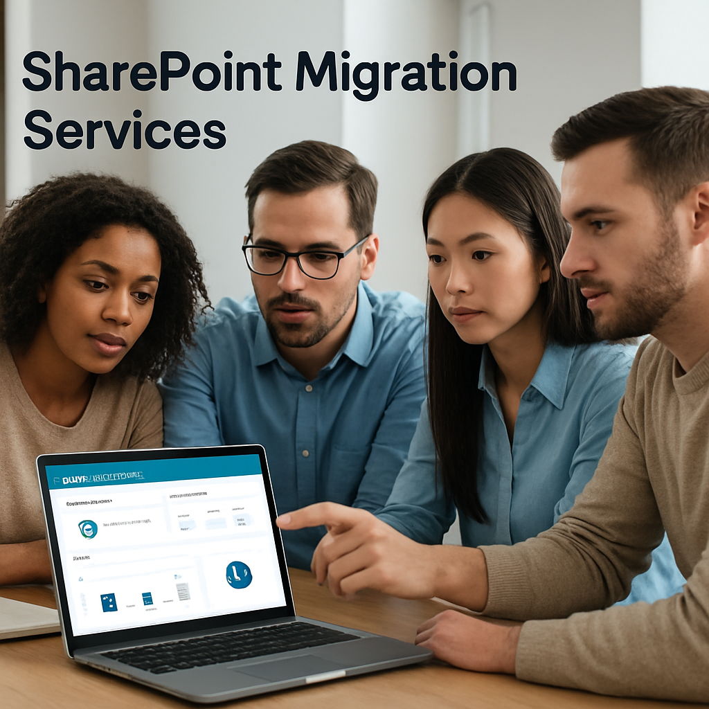 Group of four professionals discussing SharePoint migration services while reviewing data on a laptop screen.