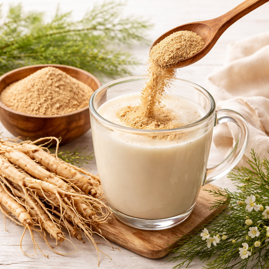 A realistic illustration of shatavari root and powder spilling into a glass of warm milk, showing the natural ingredient and its use for fertility support. Alt: shatavari root powder for female fertility.