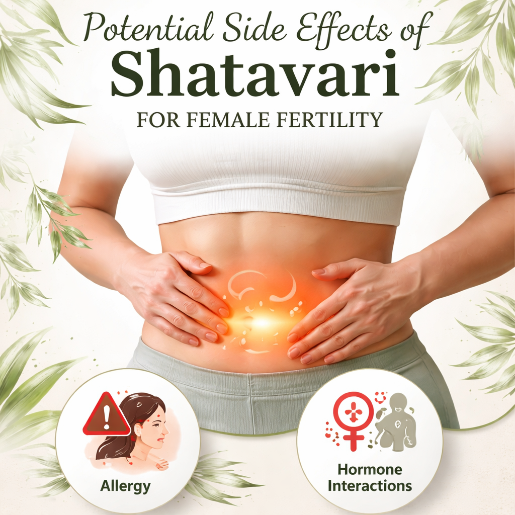 A realistic medical illustration showing a woman’s stomach with a gentle wave indicating mild digestive side effects from shatavari, alongside icons for allergy and hormone interaction warnings. Alt: potential side effects of shatavari for female fertility.