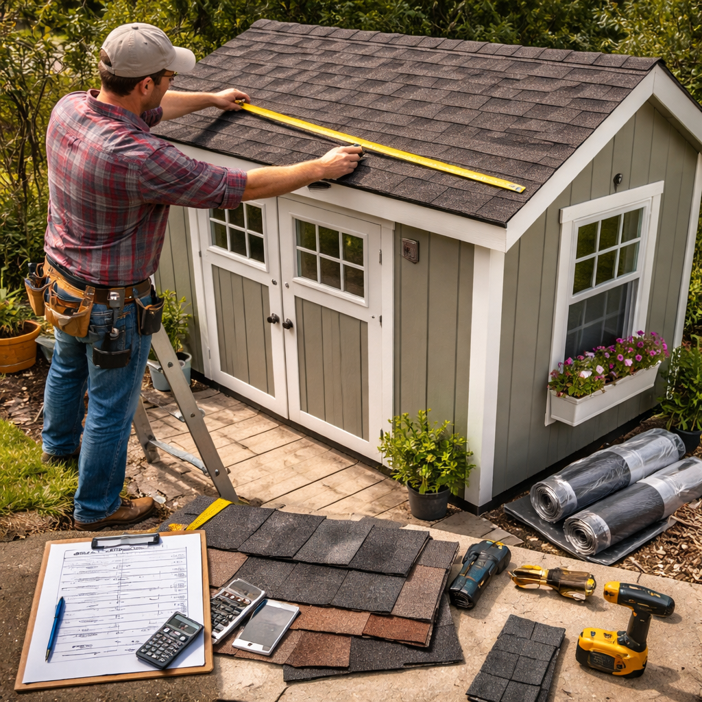 A photorealistic scene of a homeowner measuring a small shed roof, with tools and material samples laid out on the ground, showing the process of calculating replacement cost. Alt: shed roof replacement cost calculation guide.
