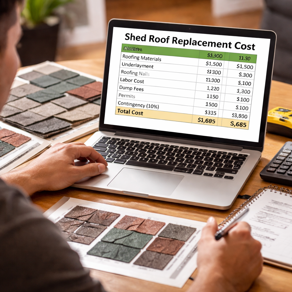 A photorealistic scene of a homeowner reviewing a spreadsheet of shed roof replacement cost on a laptop, with roofing material samples spread out on a table. Alt: Spreadsheet showing budget breakdown for shed roof replacement cost
