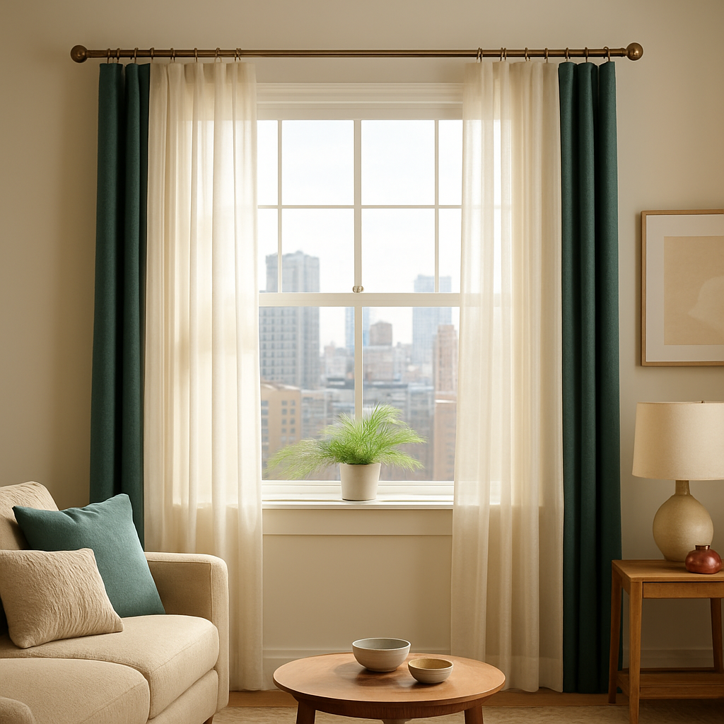 A bright living room with sheer ivory curtains hanging from a brushed‑nickel double‑pole rod, a teal blackout panel behind, and brass finials at each end. The window frames a cityscape, and a small potted fern sits on the sill. Alt: Sheer curtains for living room installed with double‑pole hardware and decorative accessories.