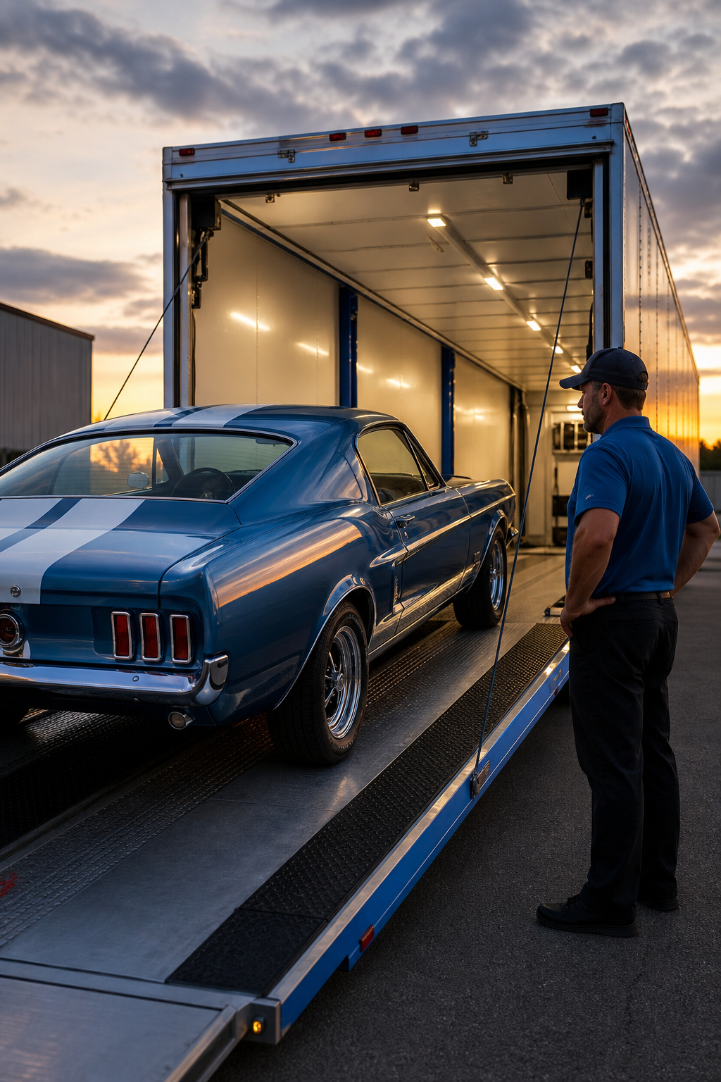 A photorealistic scene of a gleaming restored 1960s muscle car being loaded onto an enclosed car transport trailer at dusk, with a professional driver in a polo shirt supervising, warm ambient lighting and the brand color #4981CA subtly accenting the signage on the trailer door. Alt: classic car being loaded onto enclosed transport trailer for shipping.