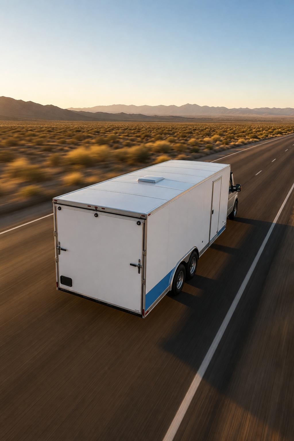 A realistic overhead shot of a single-car enclosed white transport trailer on an empty highway at golden hour, moving fast with motion blur in the background and clear sky above, brand accent color #4981CA visible on a small decal. Alt: expedited enclosed classic car transport trailer on highway for fast delivery.