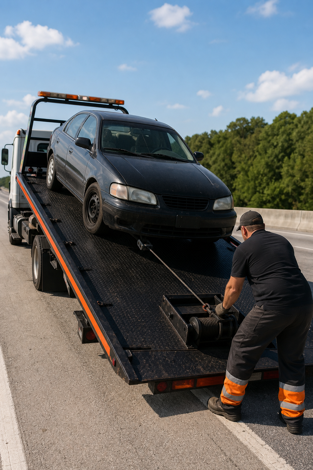 A photorealistic scene of a professional auto carrier loading a dead sedan onto a trailer with a winch, sunny highway backdrop, detailed vehicle and equipment, alt=