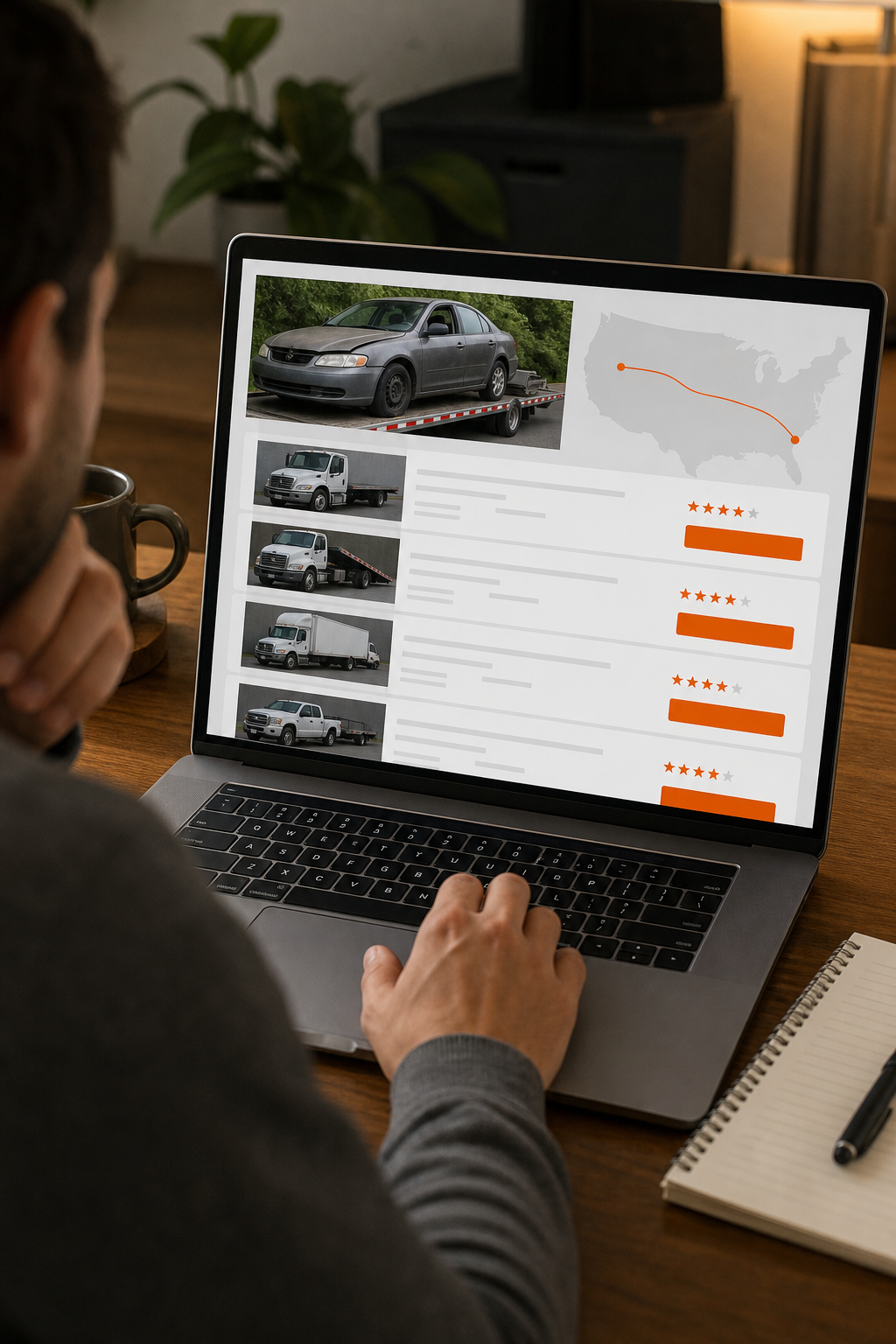 A photorealistic illustration of an online marketplace screen showing multiple carrier bids for a non‑running car shipment, alt=