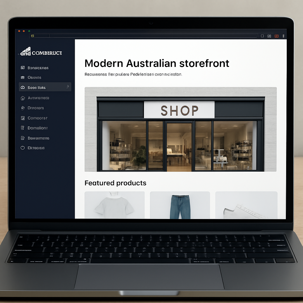 A modern Australian storefront on a laptop screen, with BigCommerce dashboard visible, highlighting clean design and product listings. Alt: BigCommerce Shopify alternative for Aussie SMEs