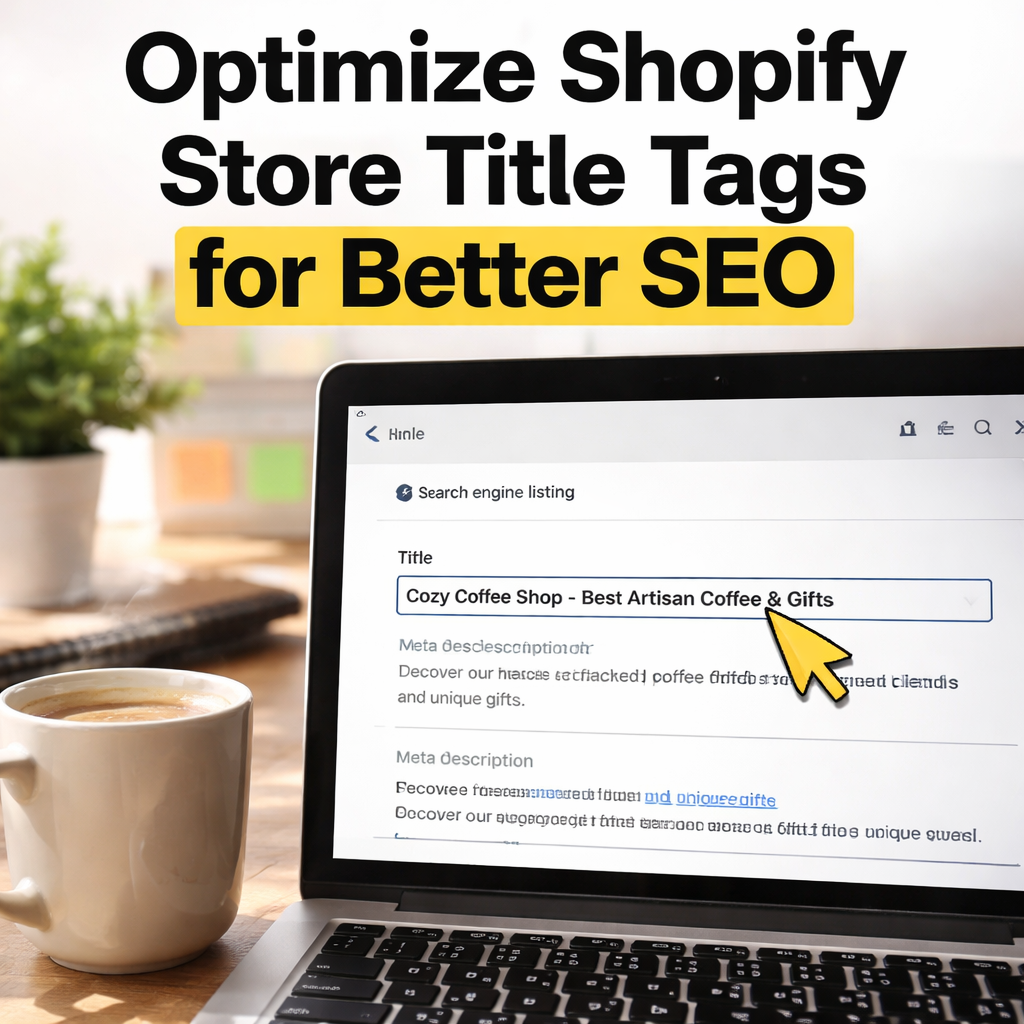 A Shopify admin screen showing the title tag editor with a coffee mug beside it, illustrating a relaxed but focused workspace. Alt: Optimize Shopify store title tags for better SEO