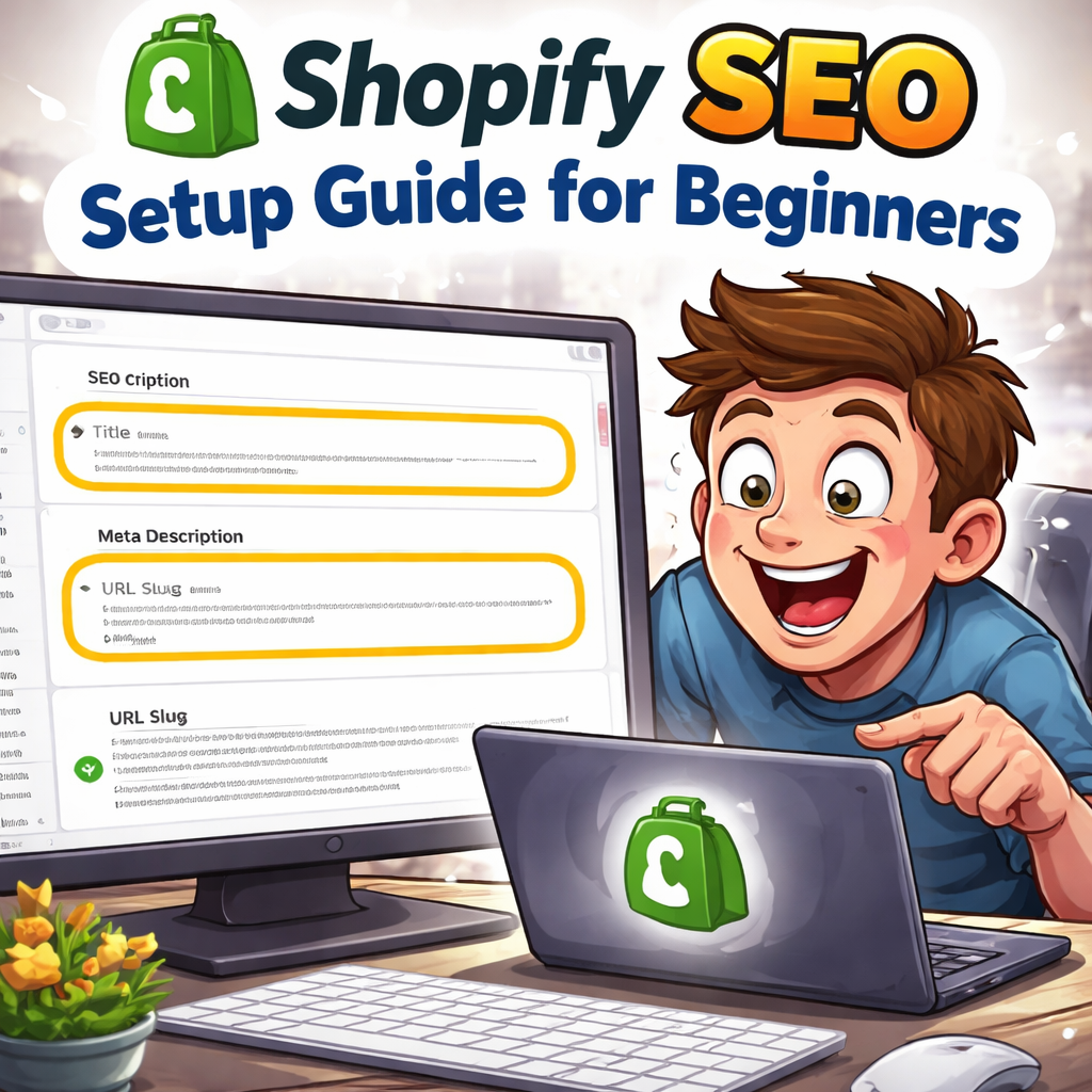A Shopify admin dashboard showing SEO settings, with highlighted fields for title, meta description, and URL slug. Alt: Shopify SEO setup guide for beginners.