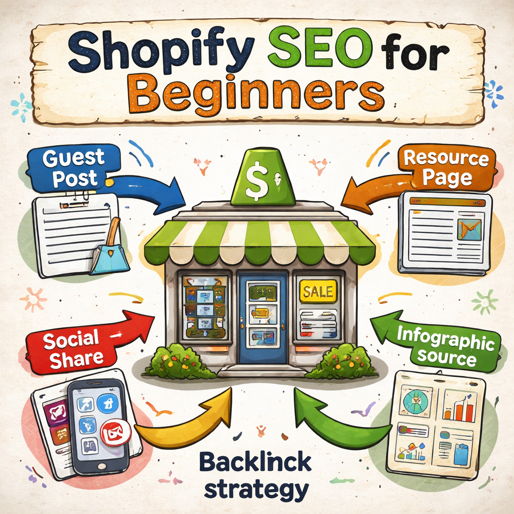 A hand‑drawn style illustration showing a Shopify storefront surrounded by arrows labeled “guest post”, “resource page”, “infographic”, and “social share”, indicating different backlink sources. Alt: shopify seo for beginners backlink strategy illustration.