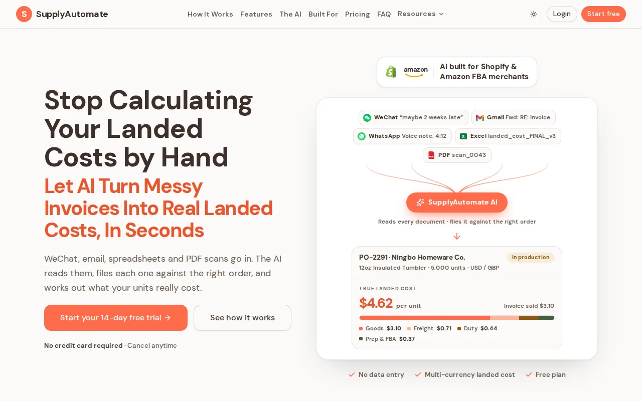 SupplyAutomate AI supply chain software homepage screenshot