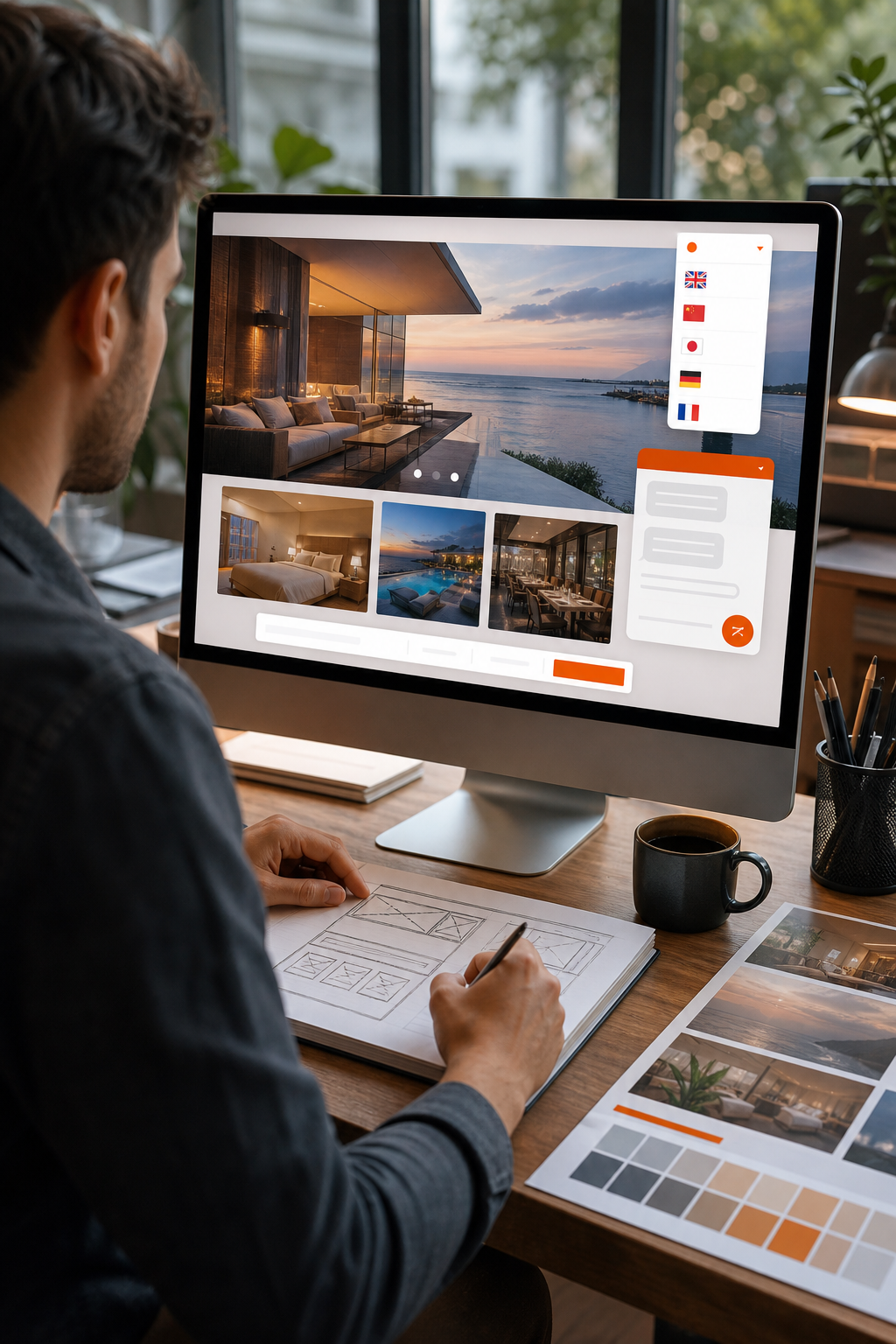 A realistic scene of a designer sketching a luxury hotel website on a large monitor, showing high‑resolution images, multilingual language switcher, and a sleek AI chat widget. Alt: luxury hotel website redesign planning