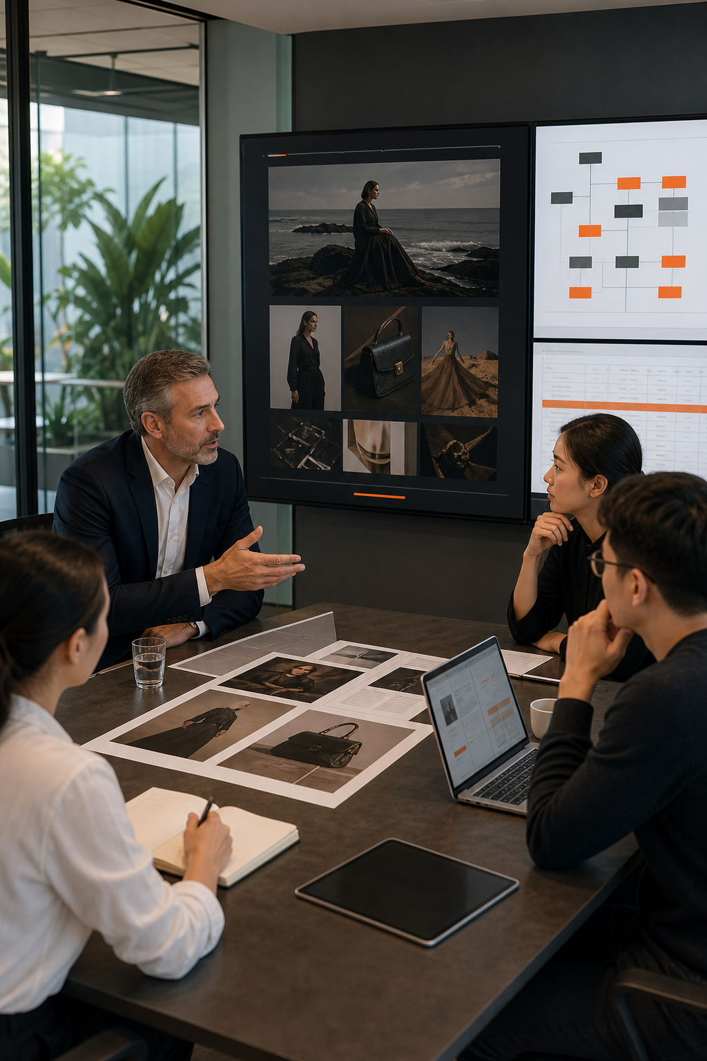 A realistic office scene showing a meeting between a luxury brand executive and a web design team, with screens displaying cinematic website mockups, AI chat flowcharts, and multilingual content plans. Alt: luxury brand website redesign collaboration